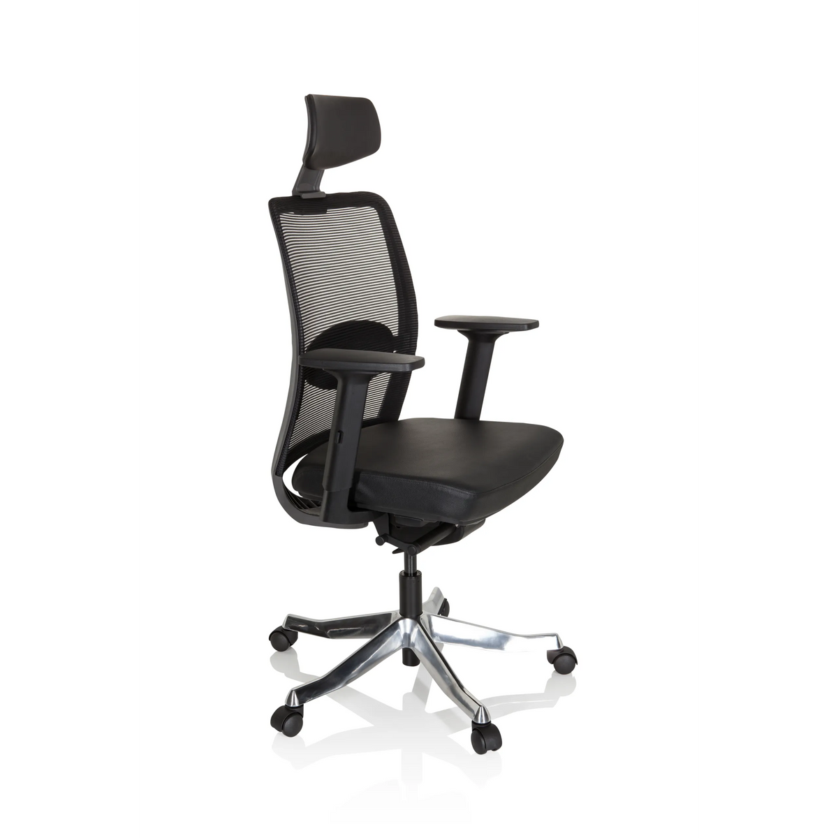 Black Luxury Executive Chair SENATOR PRO with mesh back, headrest and five-caster base by hjh OFFICE – 360-degree view (front three-quarter view 60°)