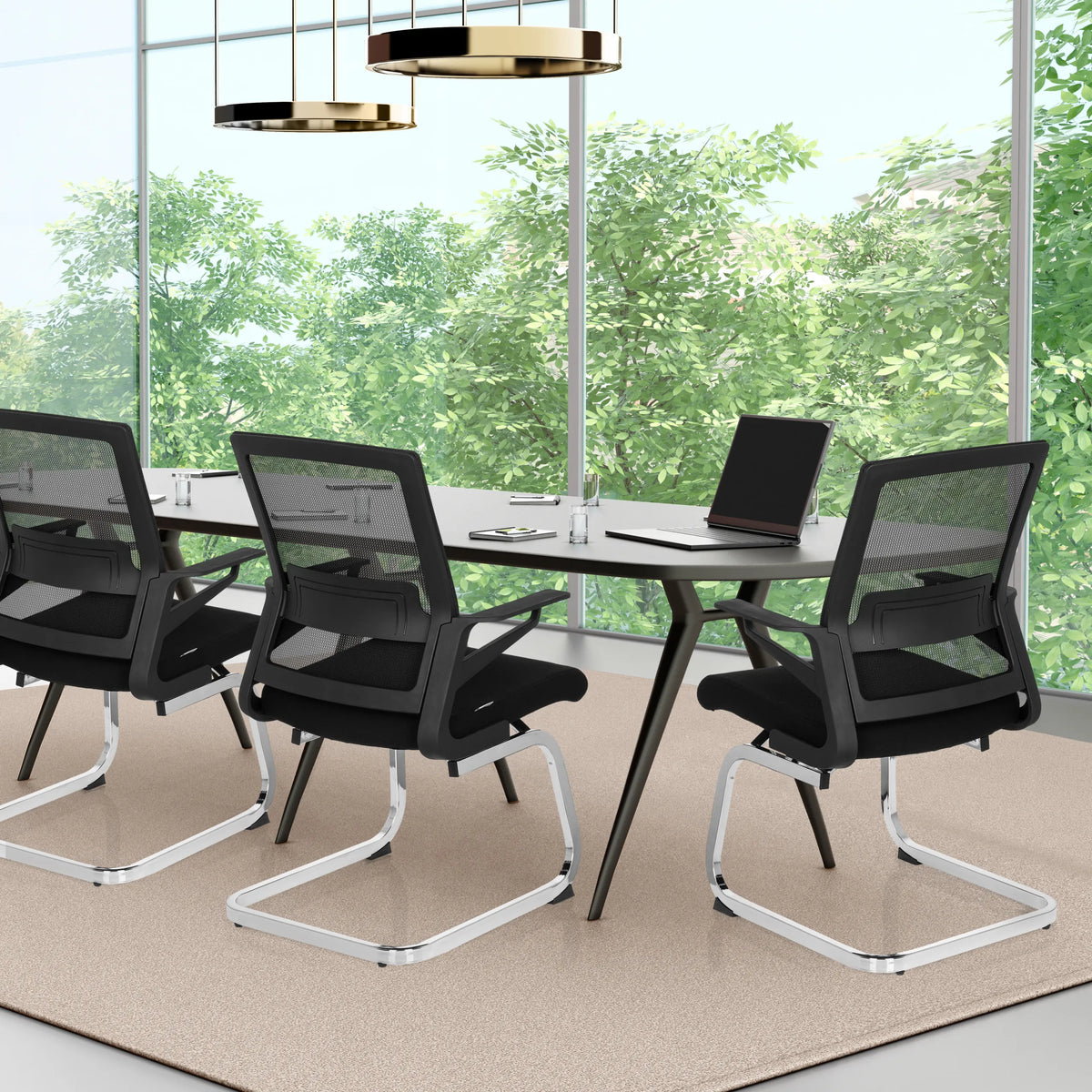Three black Cantilever chairs INVENTOR V with mesh backrest and metal sled base by hjh OFFICE