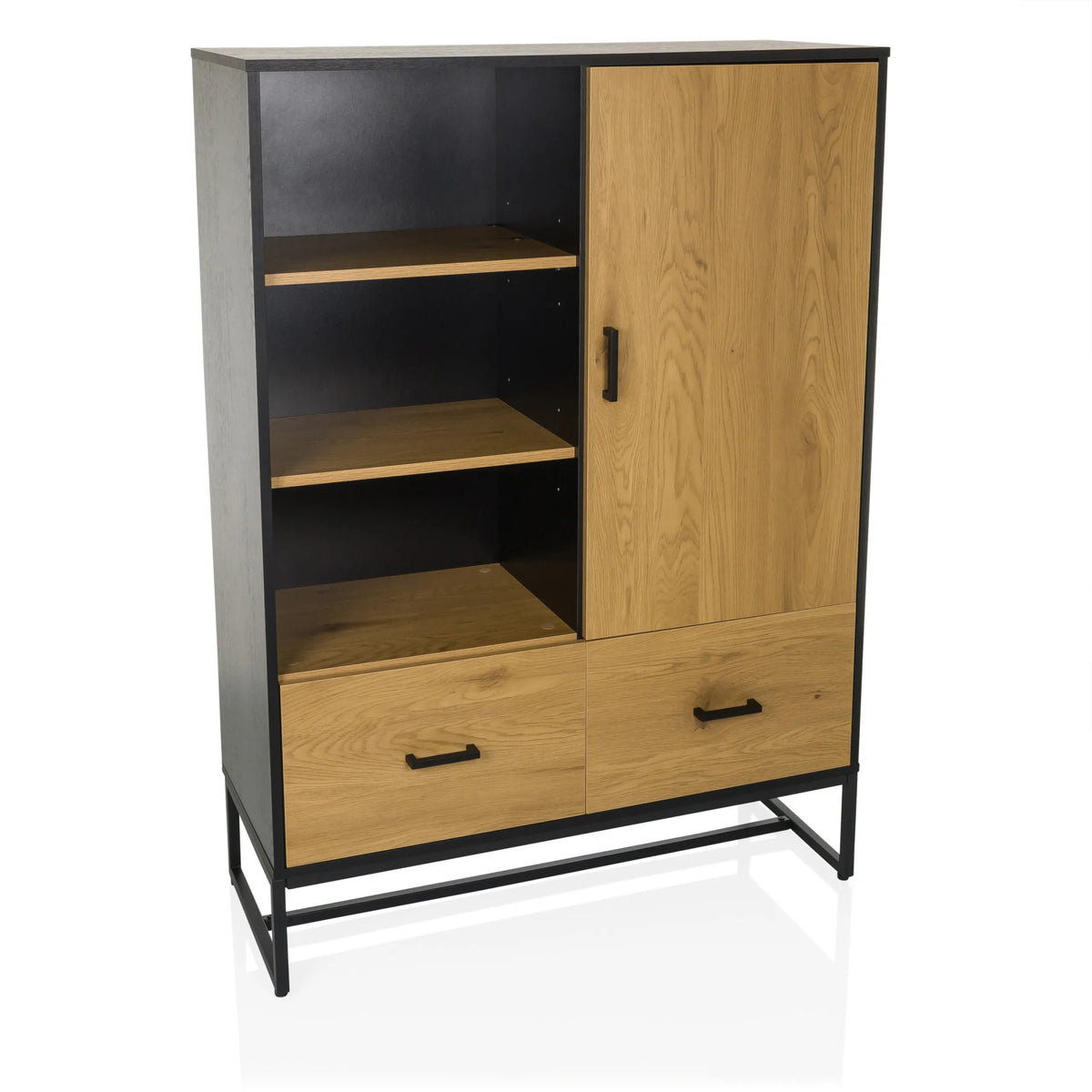 Black oak finish Office cabinet AMIO H with two drawers, one door and open shelves by hjh LIVING – 360-degree view (front view 15°)