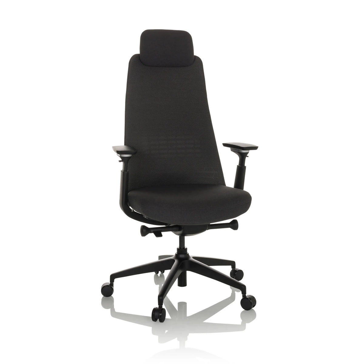 Black Professional Office Chair YUCANO with mesh back, headrest and five-caster base by hjh OFFICE – 360-degree view (front view 15°)