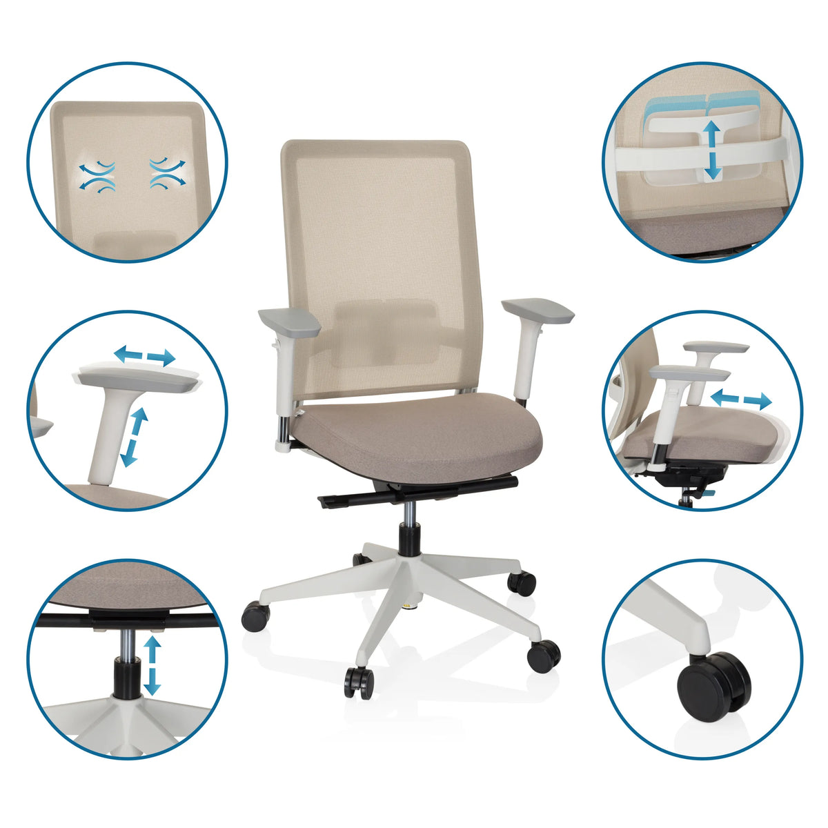 Adjustable features of the Professional Office Chair PURE WHITE in beige by hjh OFFICE