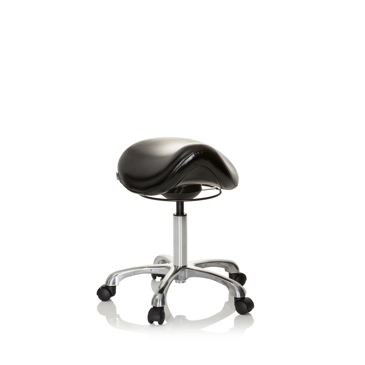 Black Saddle stool ORTHO SIT with foot cross and five castors by hjh OFFICE – 360-degree view (front view 20°)