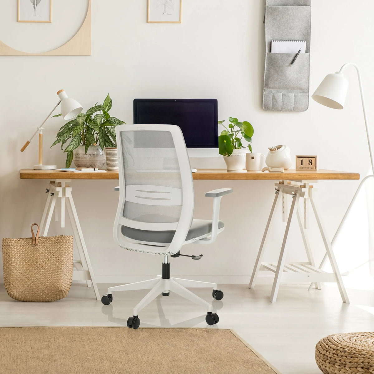 Grey Home Office Chair PROFONDO ECO W with mesh backrest and white armrests by hjh OFFICE