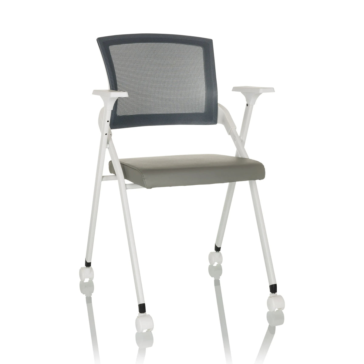 Grey Folding chair PRIORITY II W PU with mesh back, armrests and castors by hjh OFFICE – 360-degree view (front view 15°)