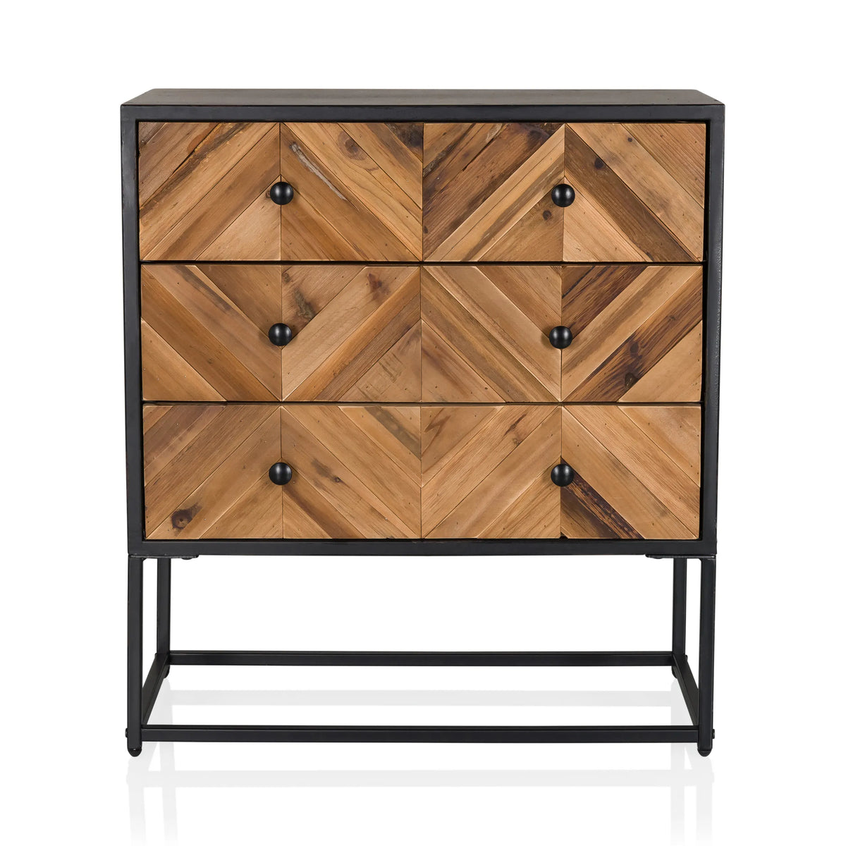SANTJAGO BLACK SUN L sideboard with three drawers in herringbone-look wood and black frame by hjh LIVING