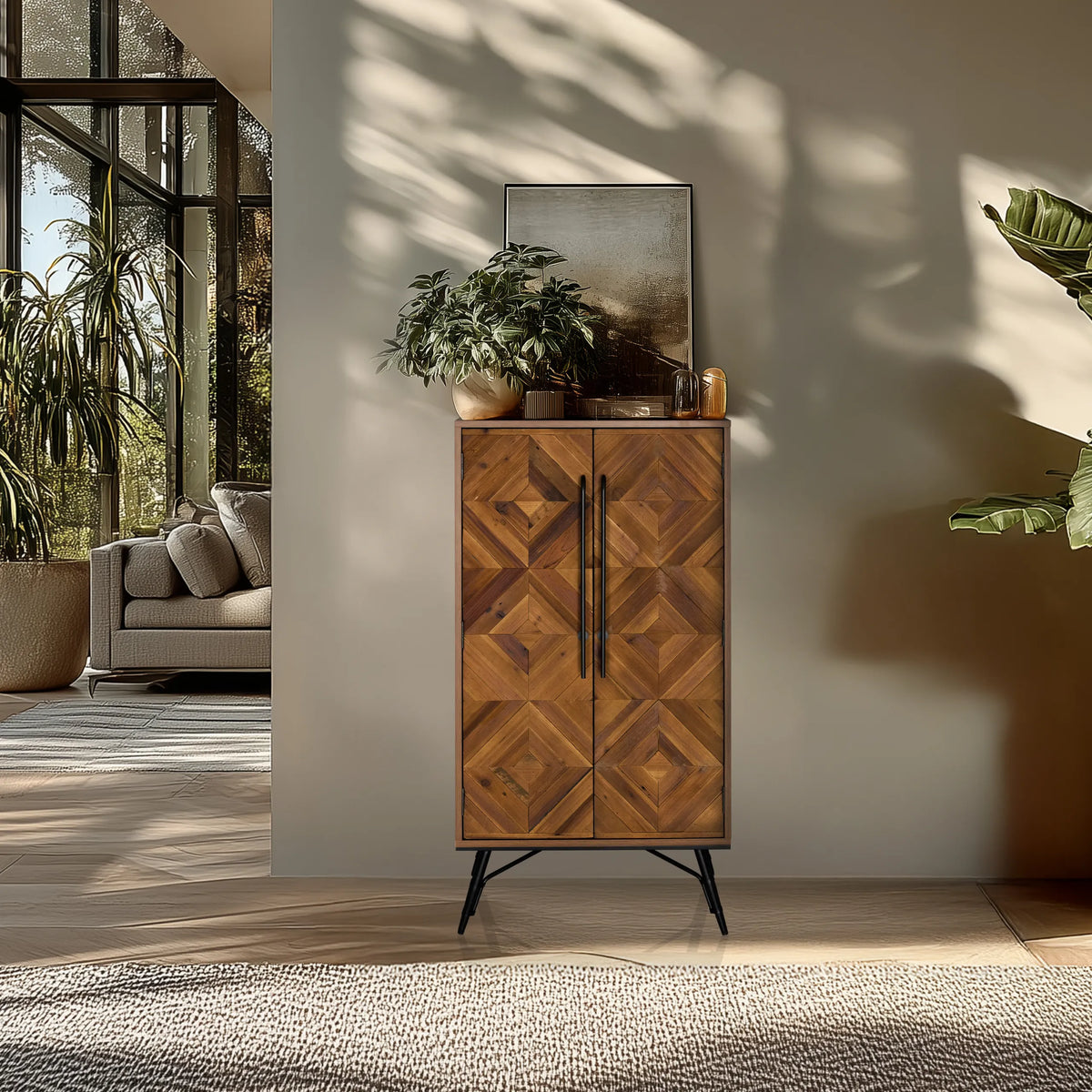Chest of drawers SANTJAGO WOOD HIGH in dark brown wood tones with diamond pattern front and black handles by hjh LIVING