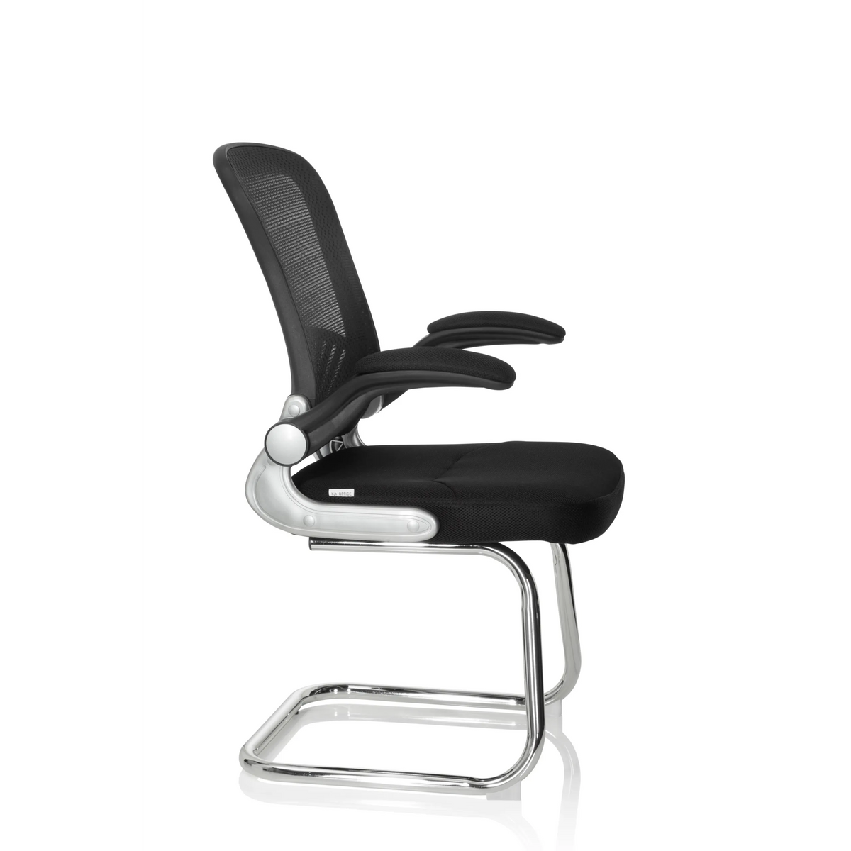Black Cantilever chair FLYER PRO V with mesh back, armrests and sled base by hjh OFFICE – 360-degree view (side profile 80°)