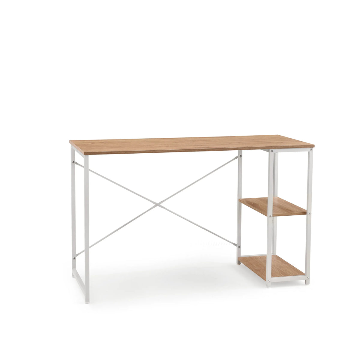 Office Desk Easy Up2 in white and oak with integrated shelf and X-brace by hjh LIVING – 360-degree view (front view 15°)