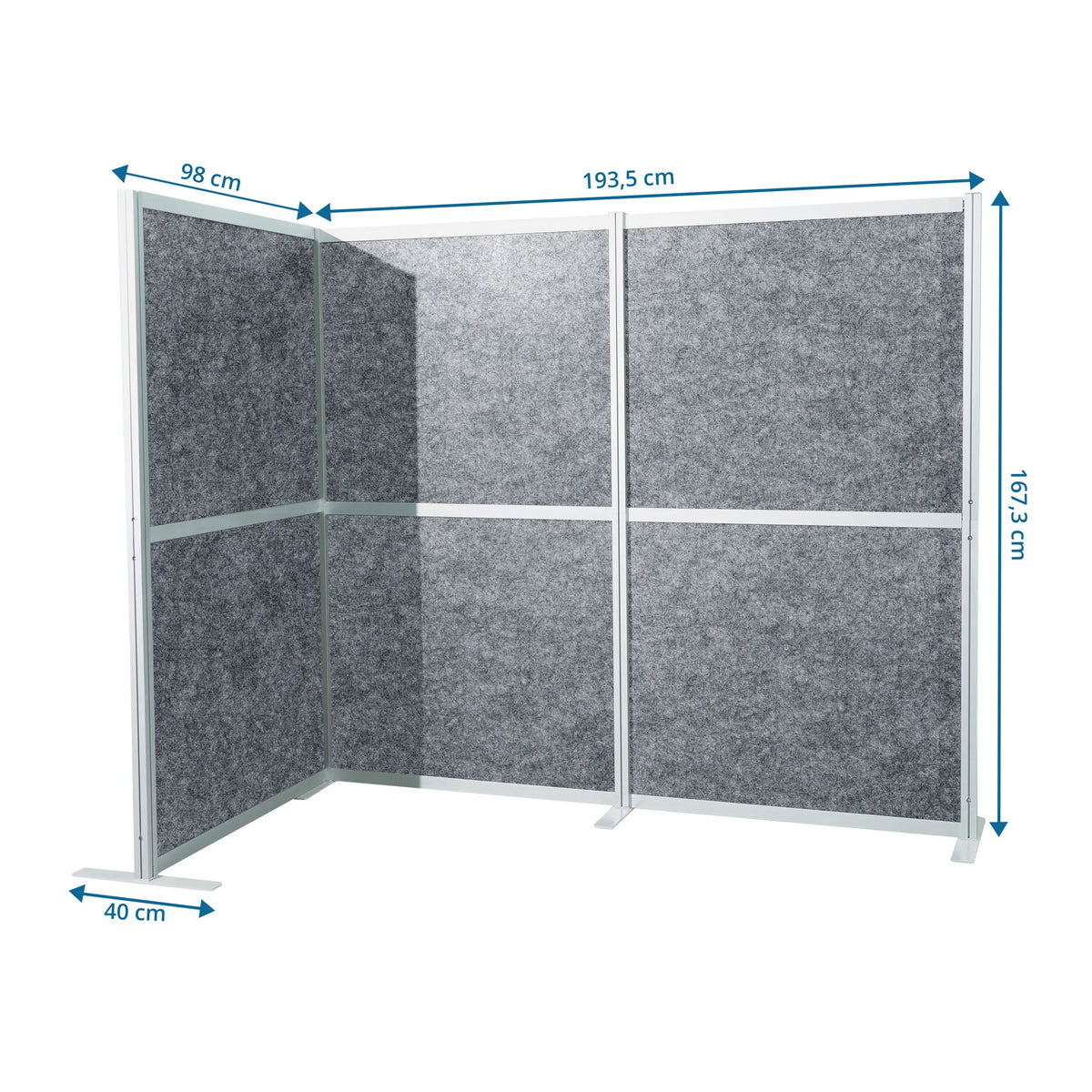 Dimensional drawing of the Partition wall Flexmiut Modul L, 193.5 × 167.3 cm in grey by hjh OFFICE