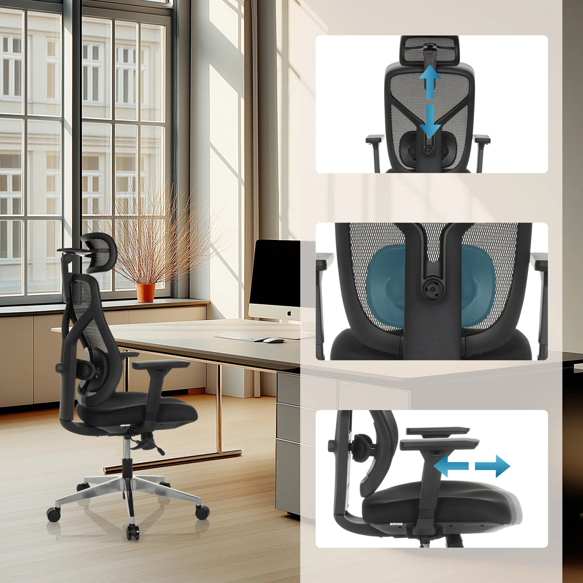 Height-adjustable headrest, lumbar support and seat of the High End Office Chair CASSILIS B by hjh OFFICE