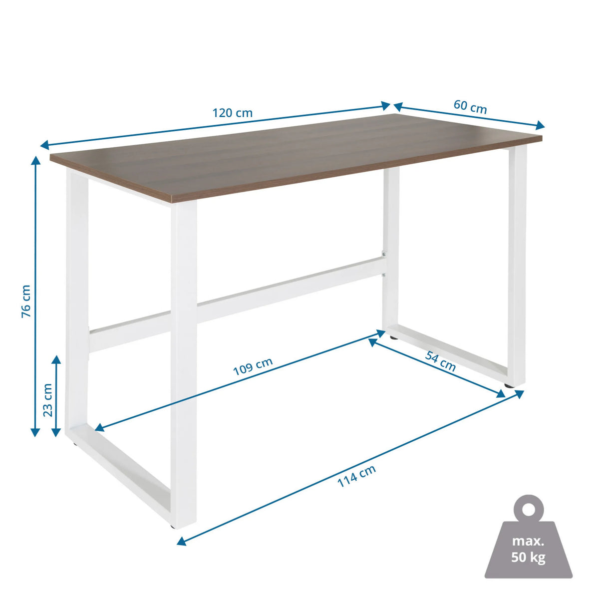 Dimensional drawing of the Office Desk WORKSPACE LIGHT I in 120 x 60 cm with a maximum load capacity of 50 kg by hjh OFFICE