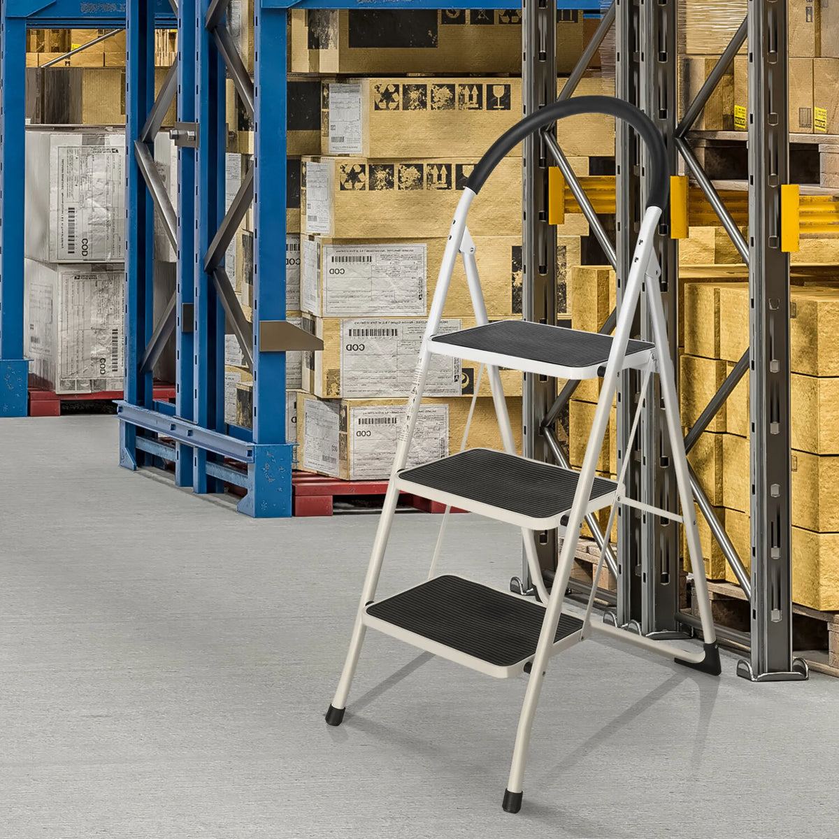 White folding ladder SOLID W2 with three black steps and a handle in a warehouse by hjh OFFICE