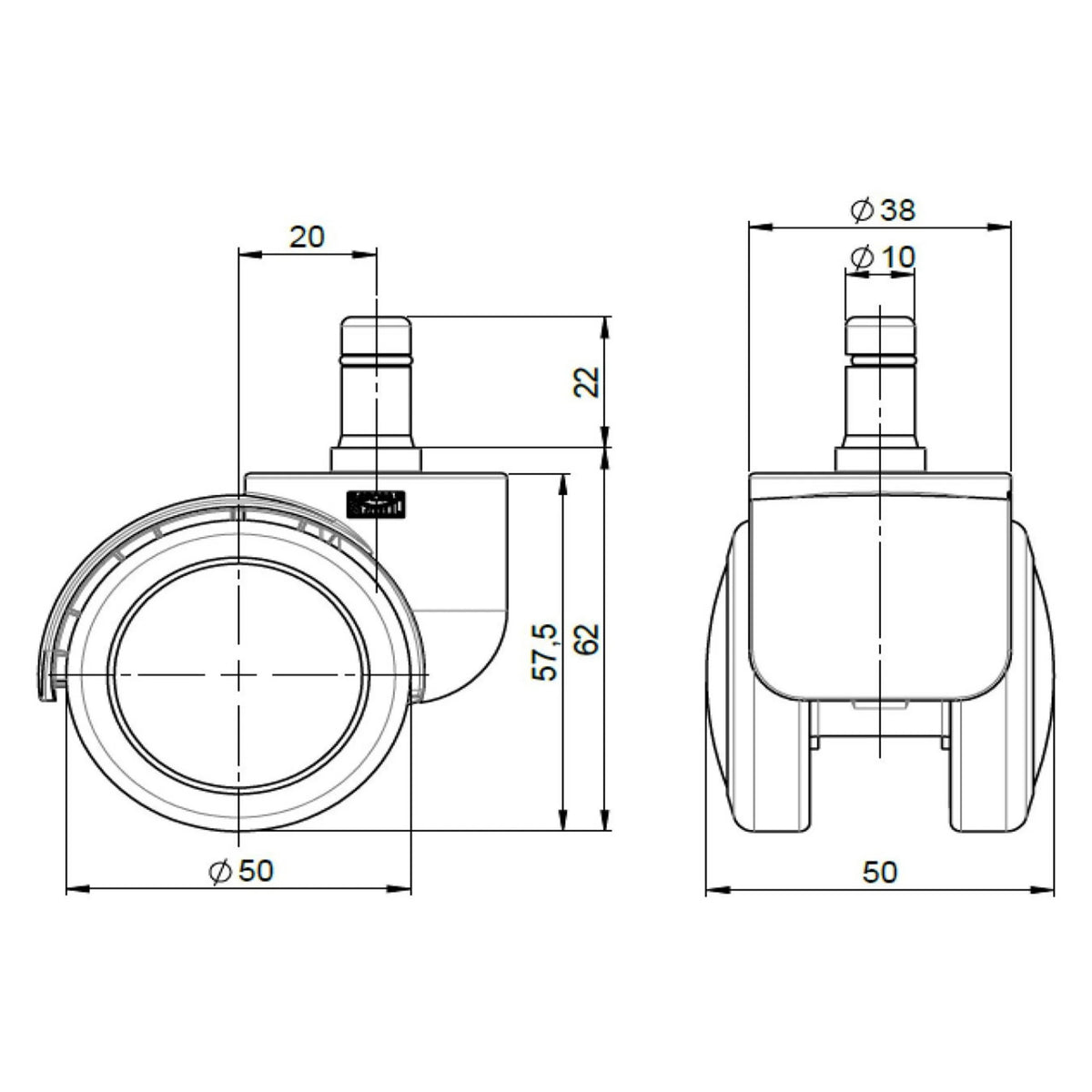 Technical drawing of the 5x ROLO FREE 10mm/50mm castors with a wheel diameter of 50 mm by hjh OFFICE