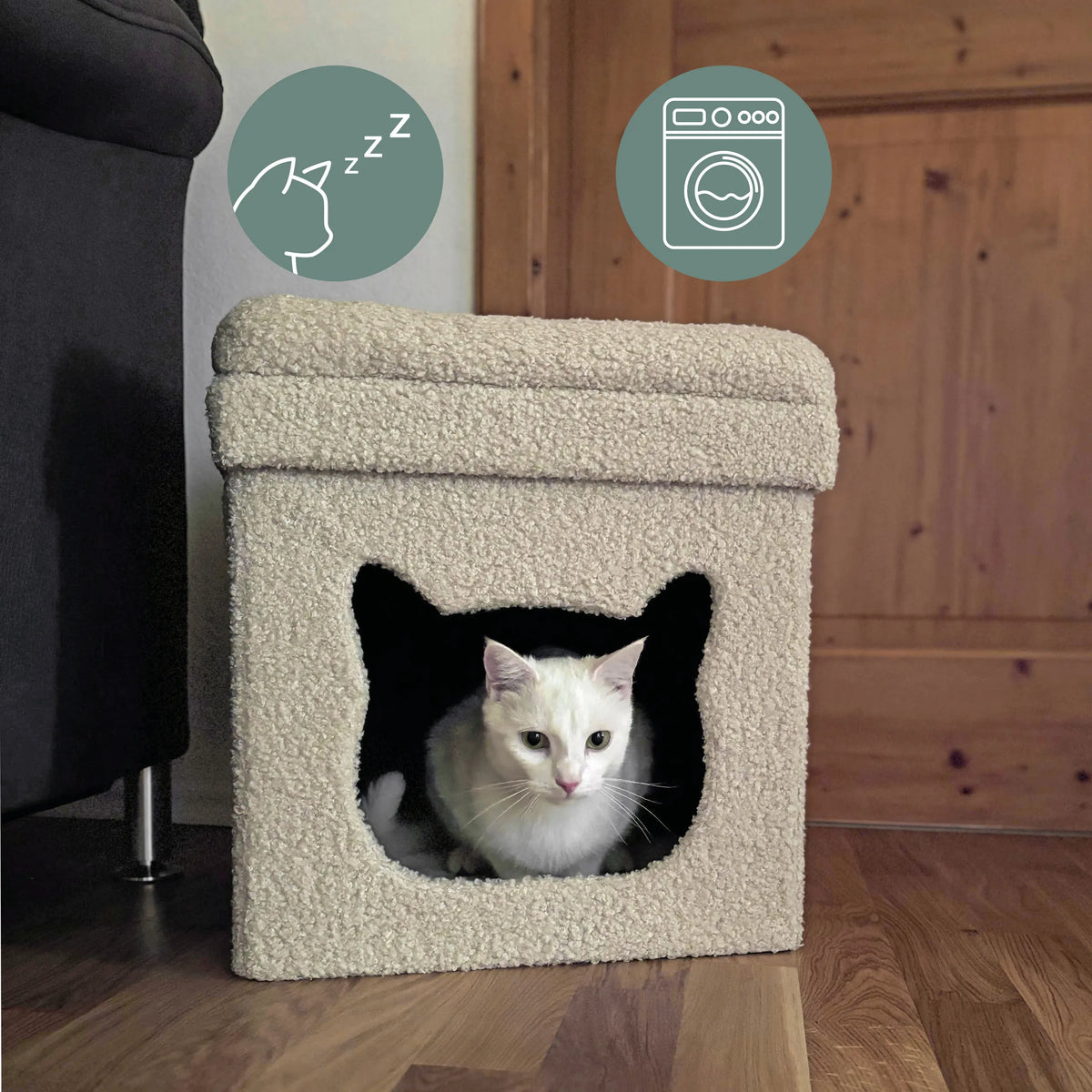 Beige Cat house PAWY ES with soft cover and a white cat inside by hjh LIVING