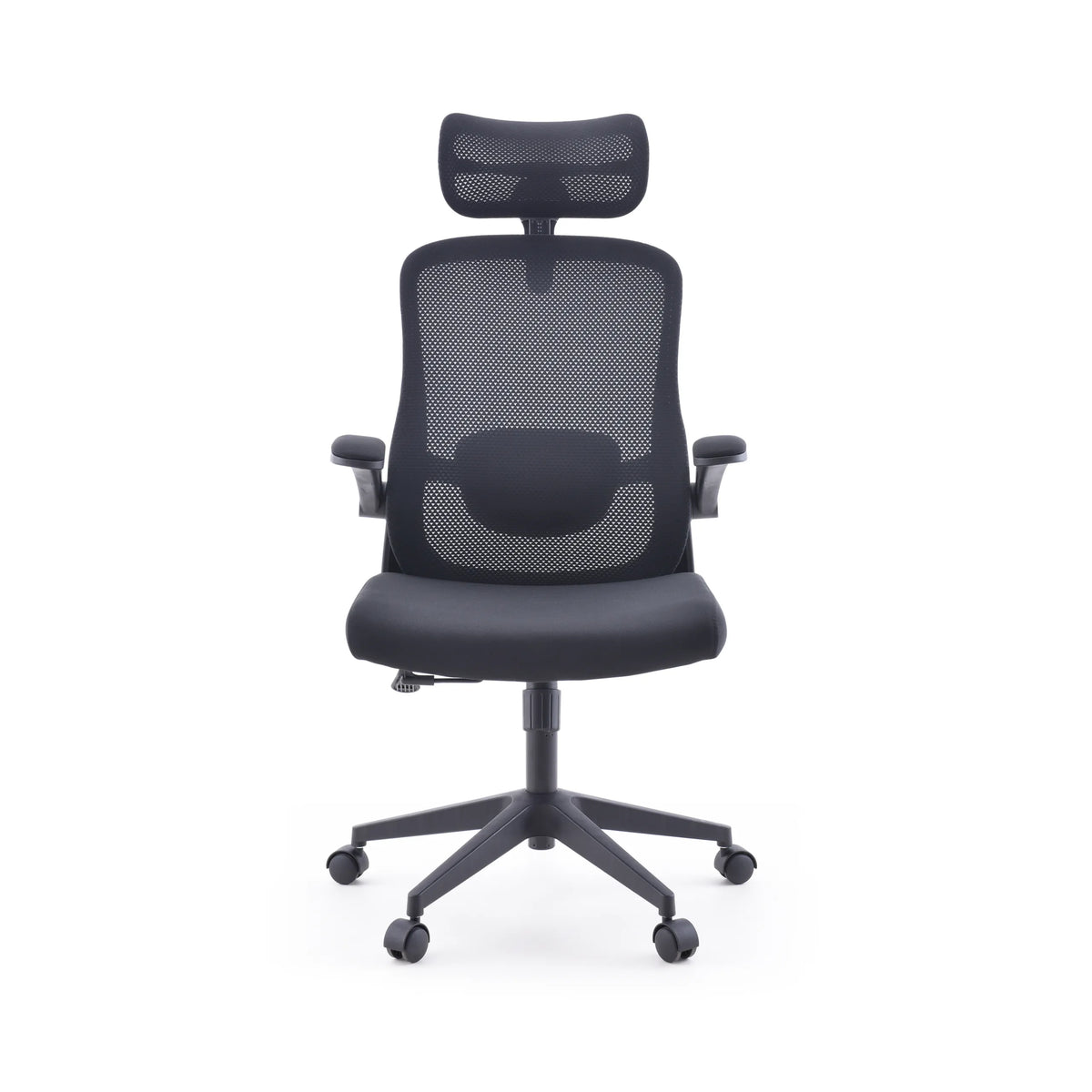 Black Home Office Chair Vertuflex with mesh back and five-caster base by MyBuero – 360-degree view (front view 0°)