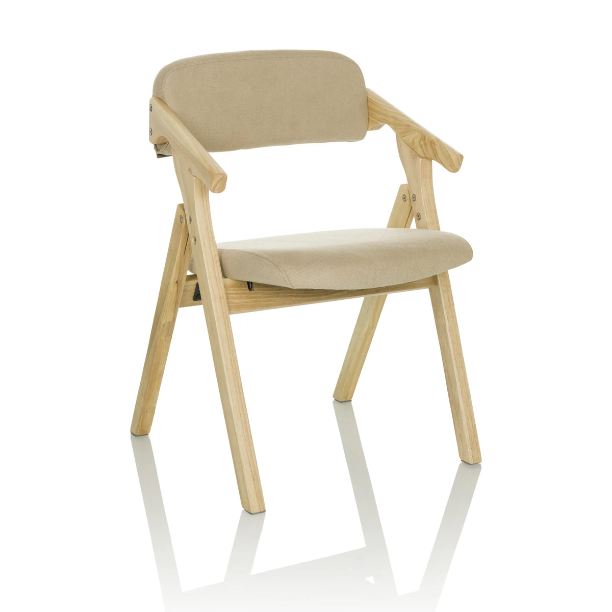 Beige folding chair SCANDIO with armrests and wooden frame by hjh OFFICE – 360-degree view (front three-quarter view 30°)