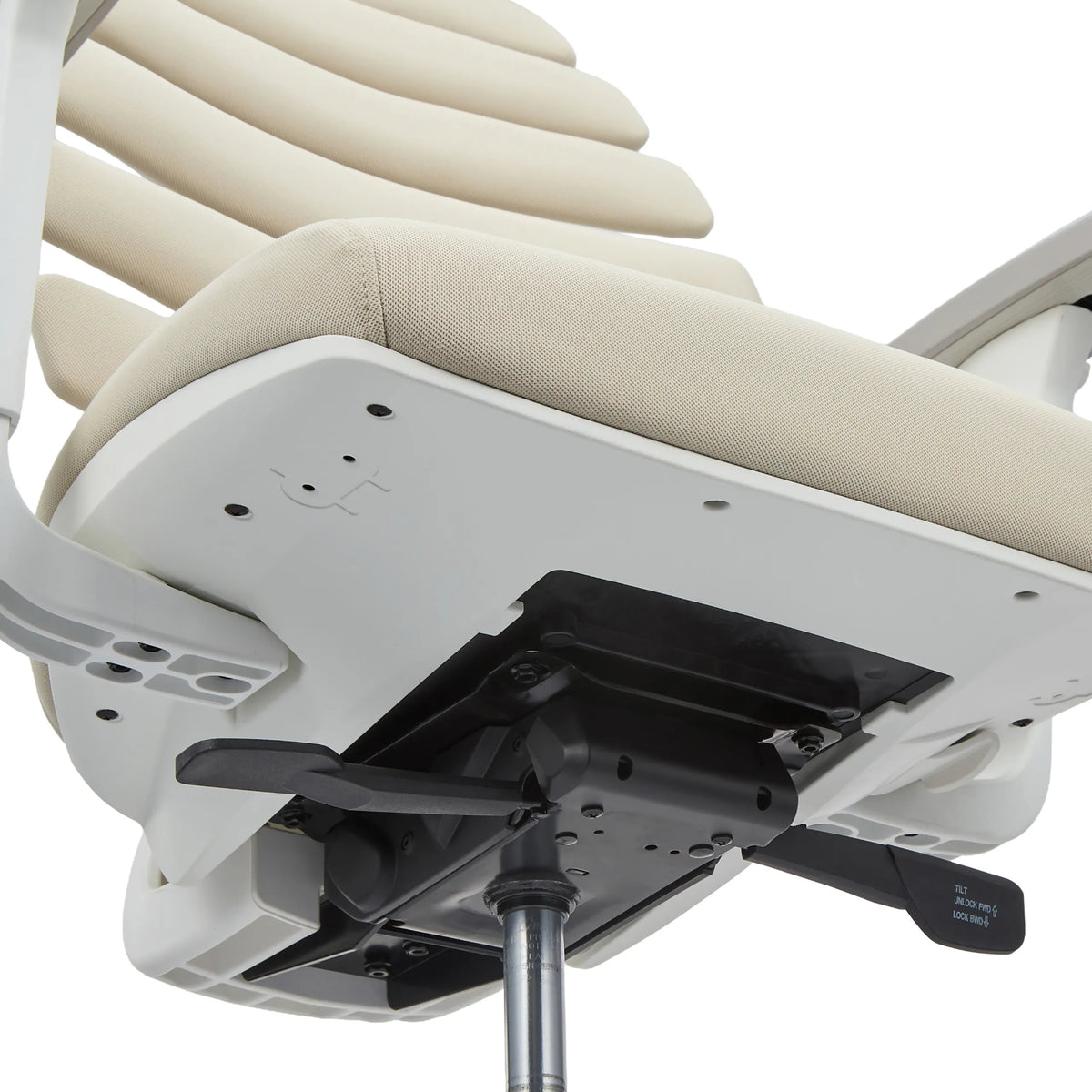 Underside of the seat with adjustment mechanism of the ERGO LINE W Professional Office Chair in Salted Caramel by hjh OFFICE