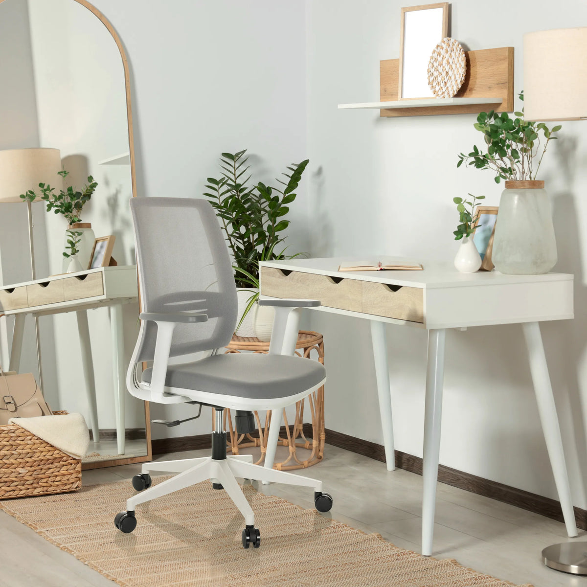 Grey Home Office Chair PROFONDO ECO W with armrests and castors in a bright room by hjh OFFICE