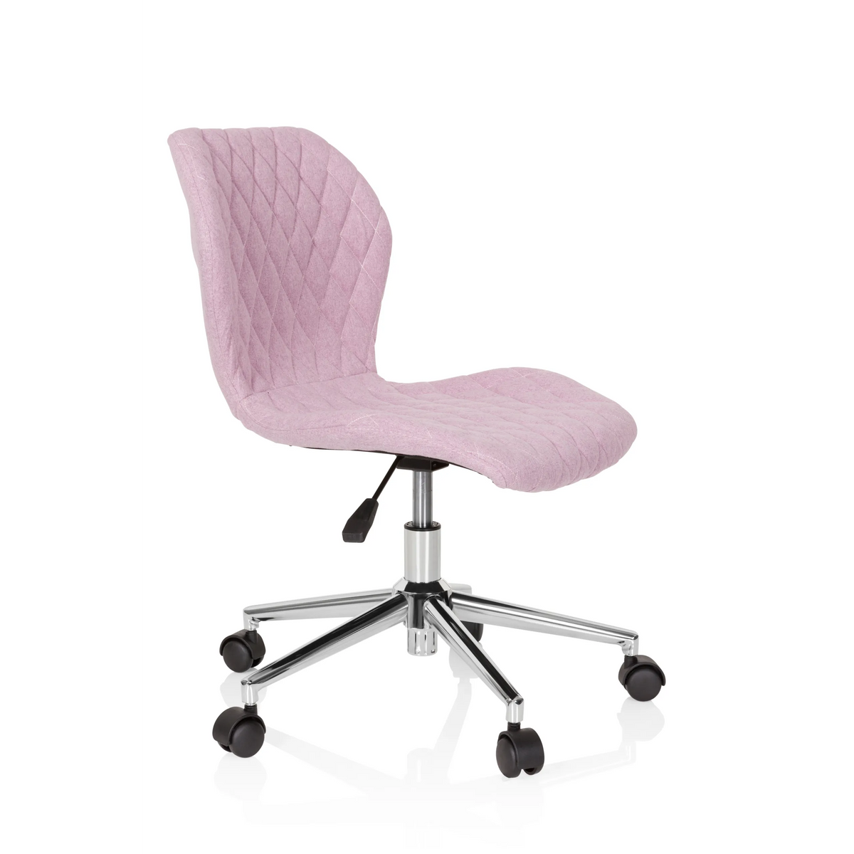 Pink Swivel Chair – Children JOY II with quilted look and five-caster base by hjh OFFICE – 360-degree view (front three-quarter view 60°)