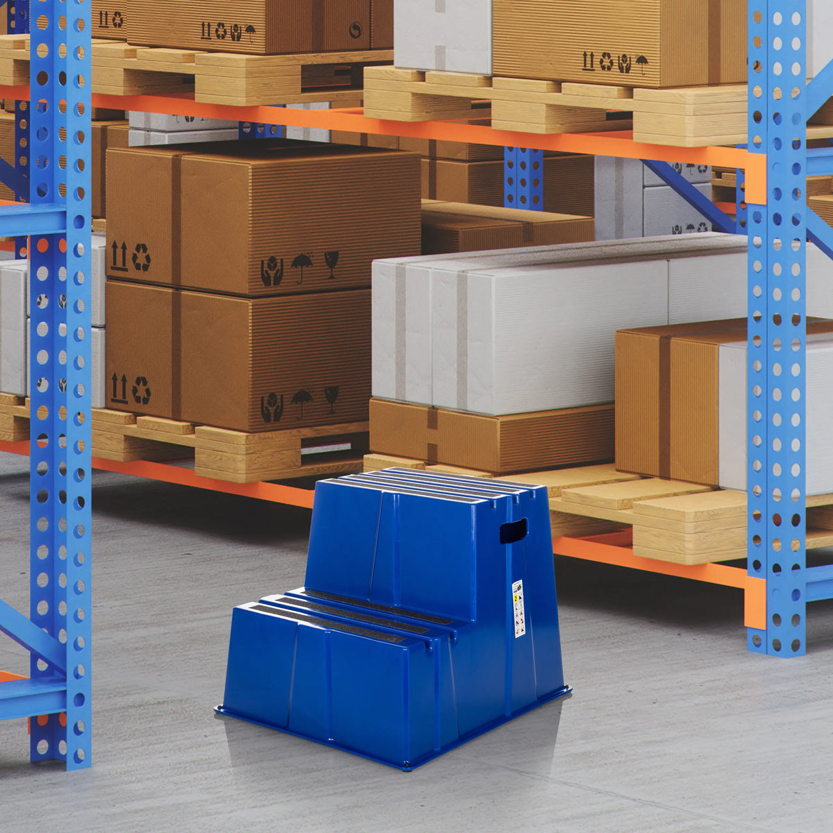 Blue step stool TIO-E2 with two steps in front of a storage rack by hjh OFFICE