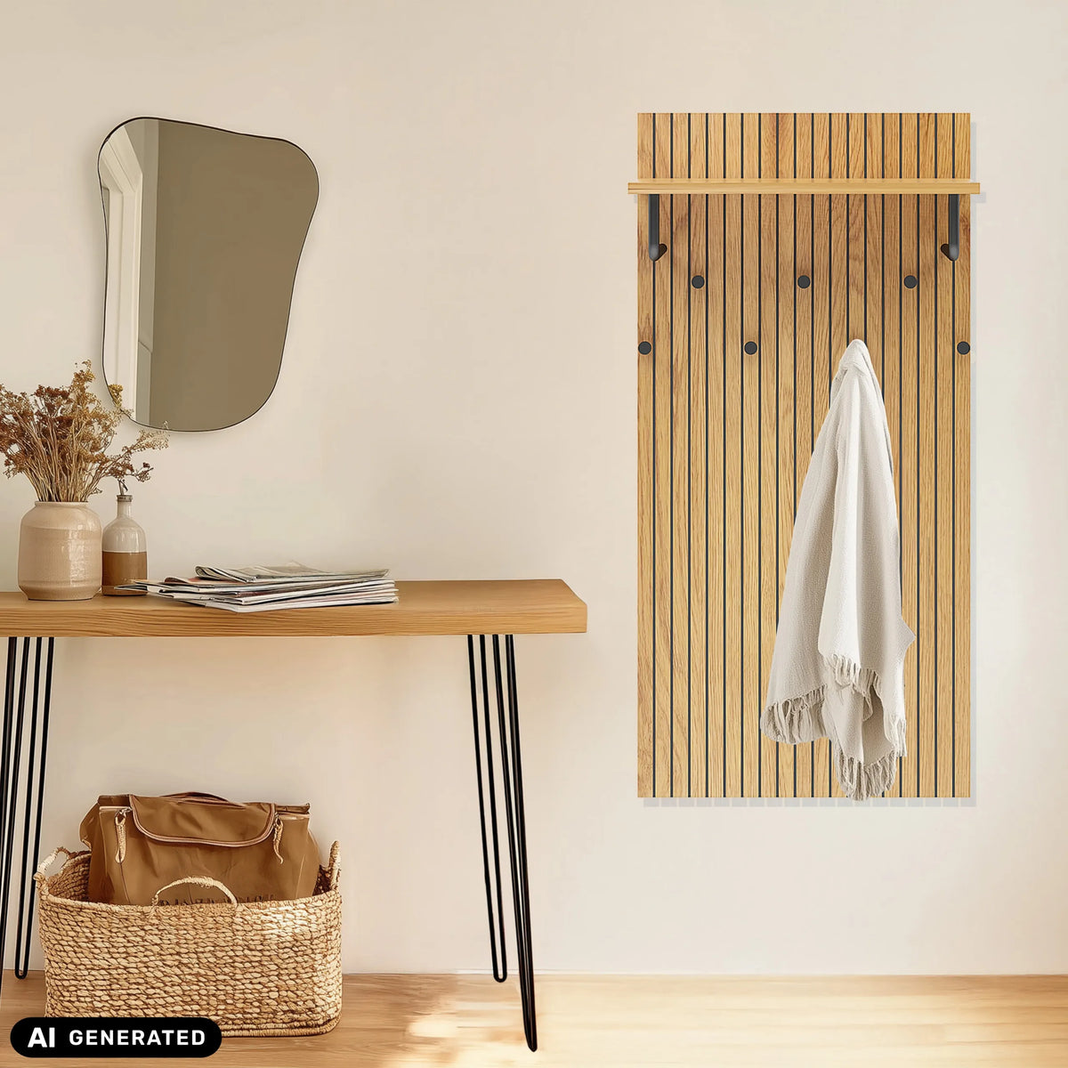 LINNO SPACE wall-mounted coat rack made of oak with black hooks and shelf by hjh LIVING (AI-generated image)