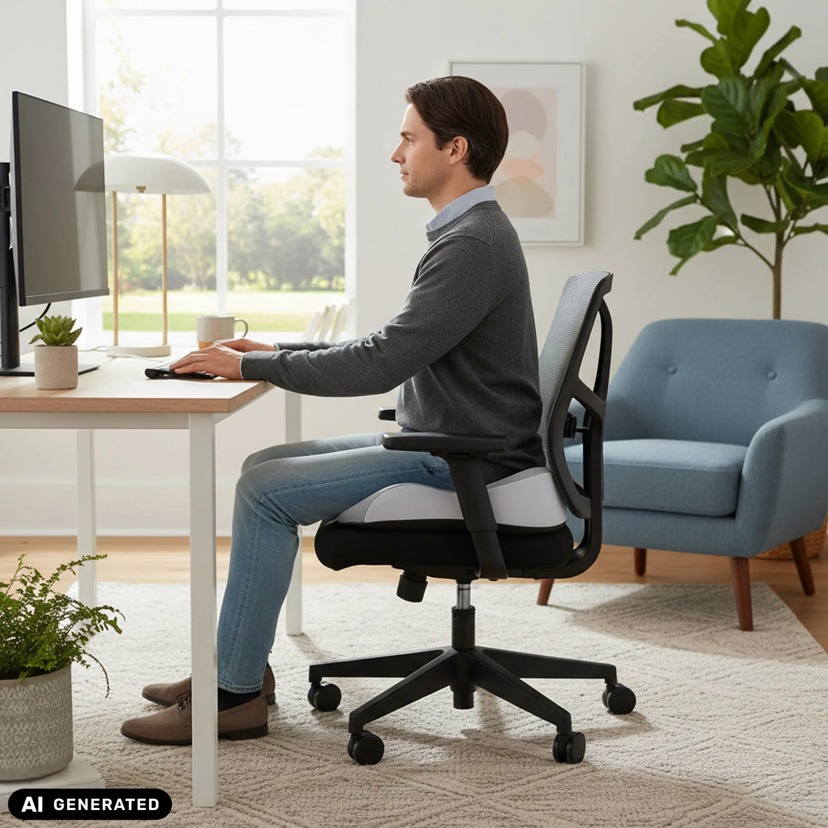 Grey MEDISIT IV seat cushion on a black office chair by hjh OFFICE (AI-generated image)