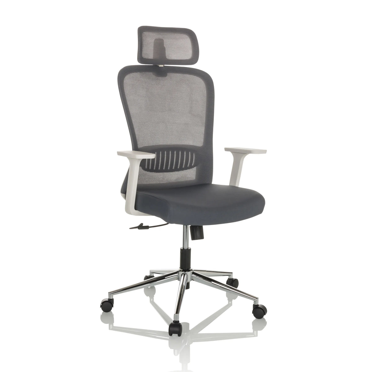 Grey Home Office Chair BELAIA W with mesh back, headrest and five-caster base by hjh OFFICE – 360-degree view (front three-quarter view 30°)