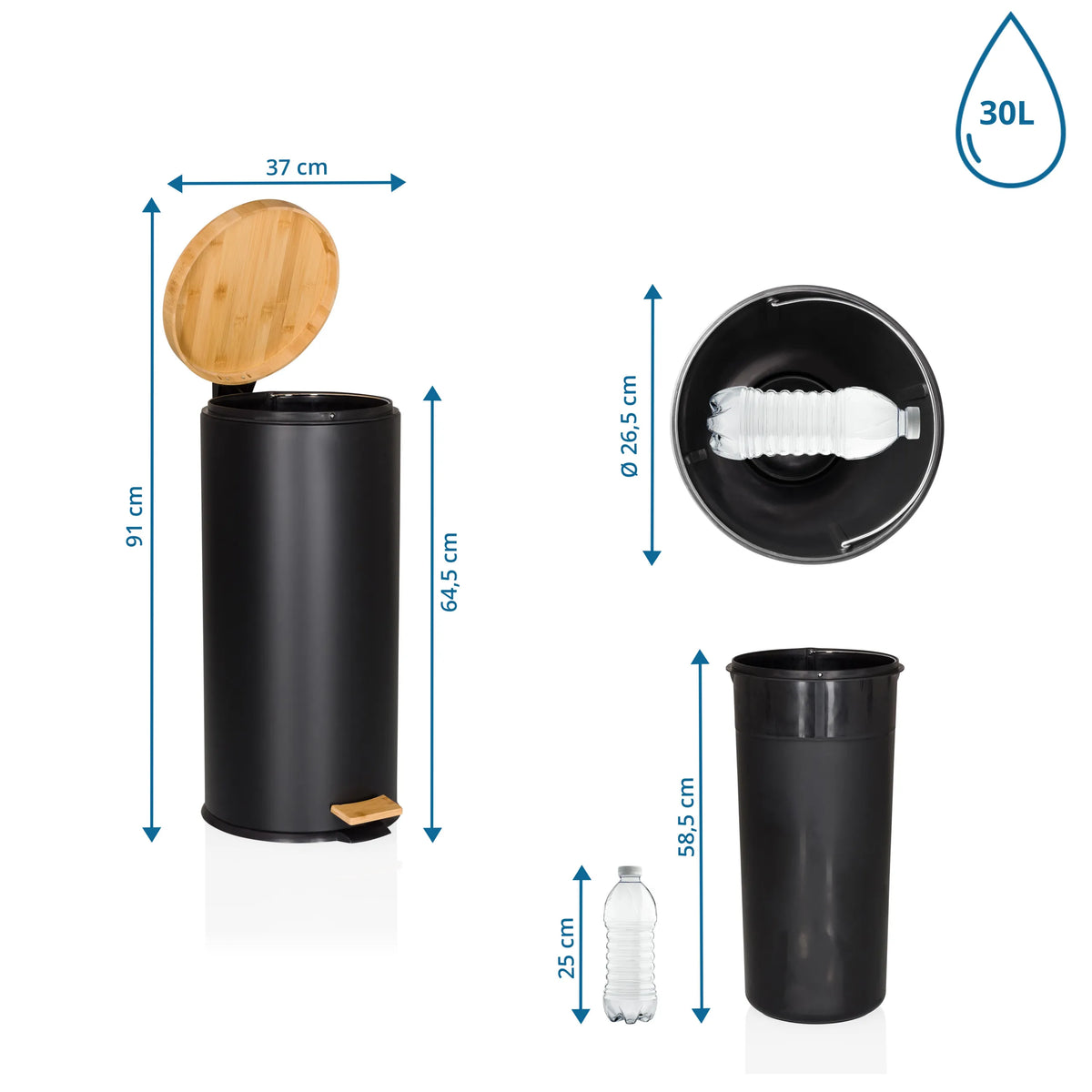 Dimensional drawing of the CLEAN BAMBOO wastepaper with 30 l volume and a height of 91 cm by hjh OFFICE