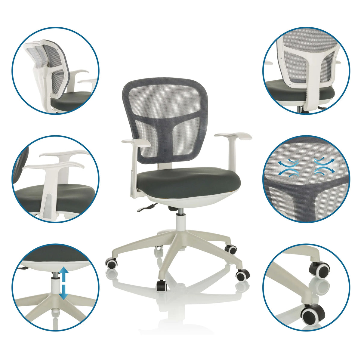 Home Office Chair TOP 108 W in grey with detailed views of the backrest, armrests and gas spring by hjh OFFICE