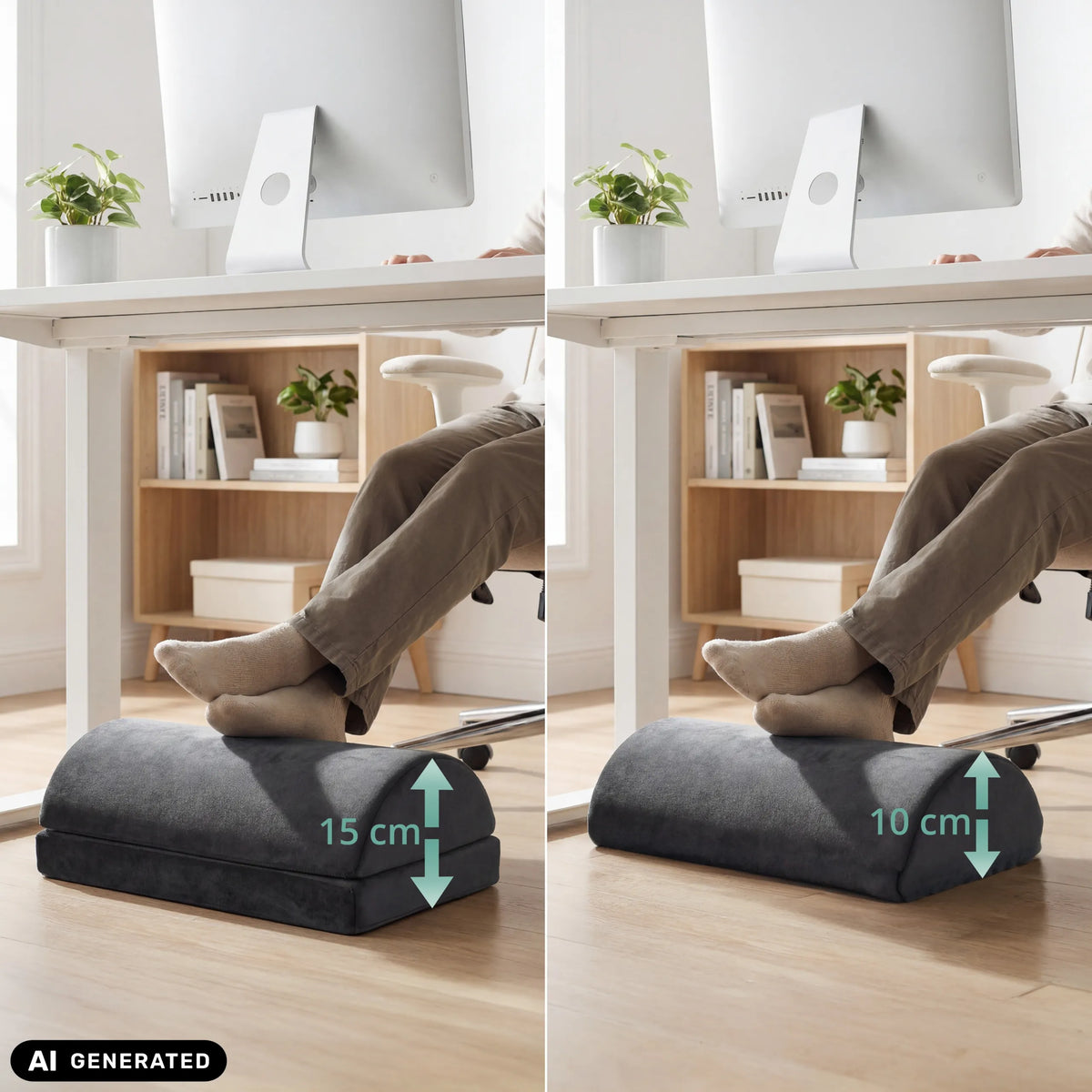 Height comparison of the Podi Velvet 1 footrest with 10 cm and 15 cm by hjh OFFICE (AI-generated image)
