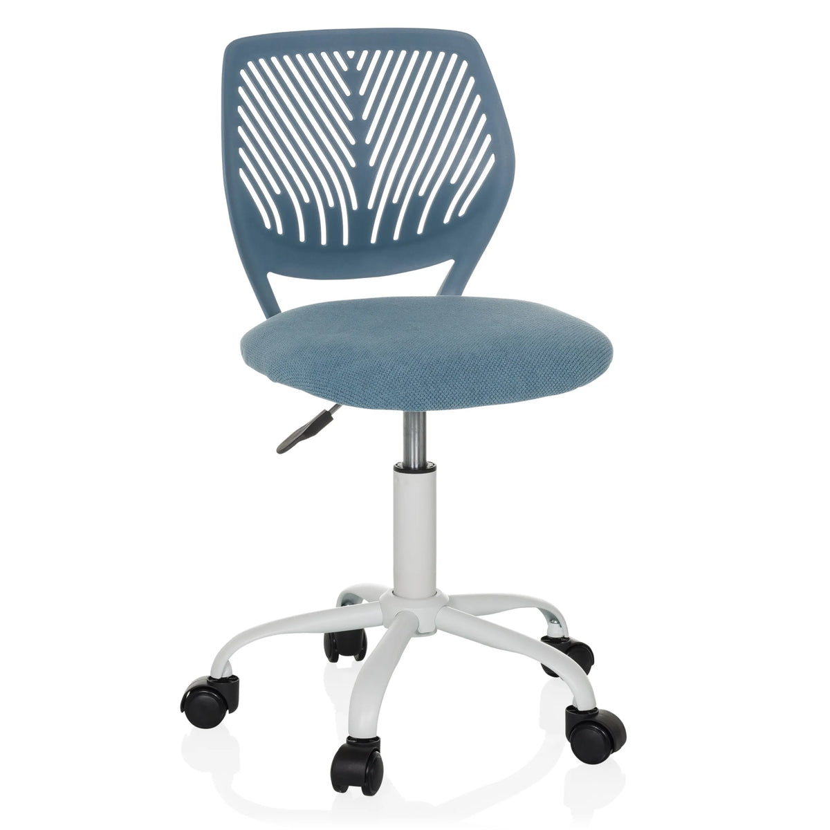 Blue Swivel Chair – Children KID QW with perforated backrest and white five-caster base by hjh OFFICE – 360-degree view (front view 15°)
