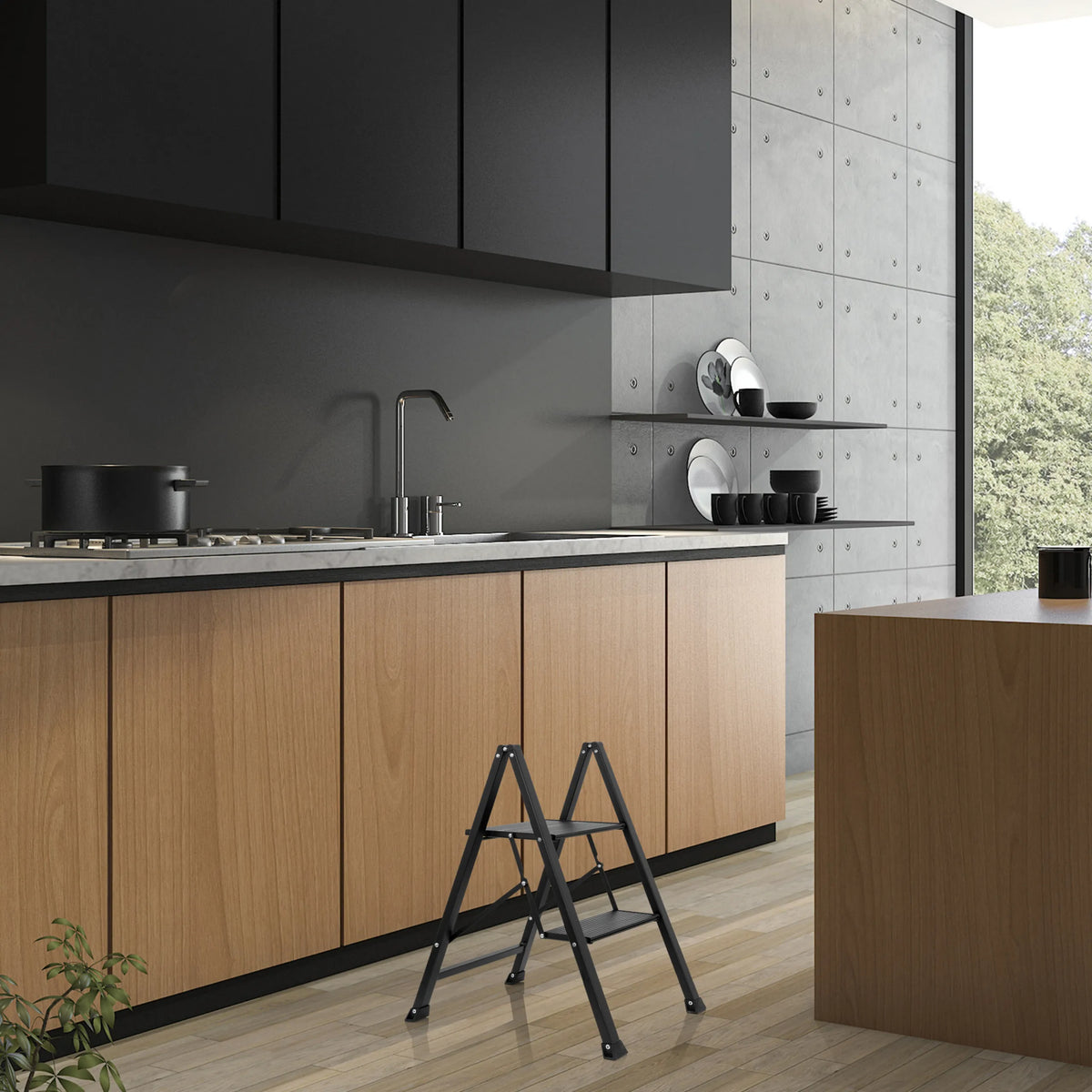 Black folding ladder SOLID W5 with two steps in a kitchen by hjh OFFICE