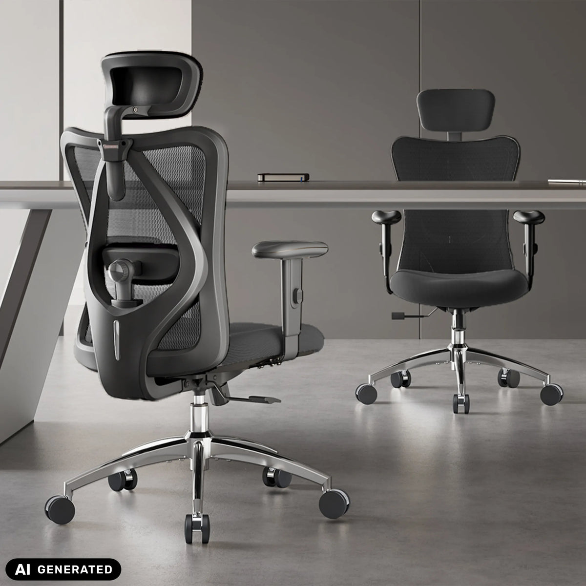 Rear view of a M18-M148 professional office chair in black with mesh back and headrest by Sihoo (AI-generated image)
