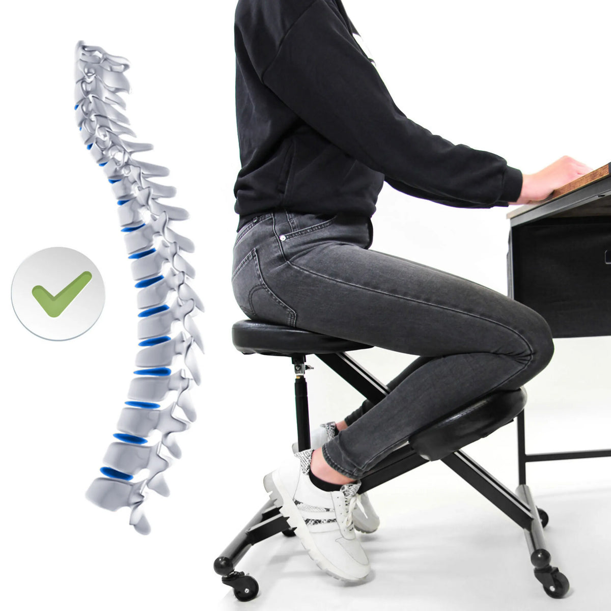 Kneeling chair ORTHONI in black with a schematic representation of the spine by hjh OFFICE