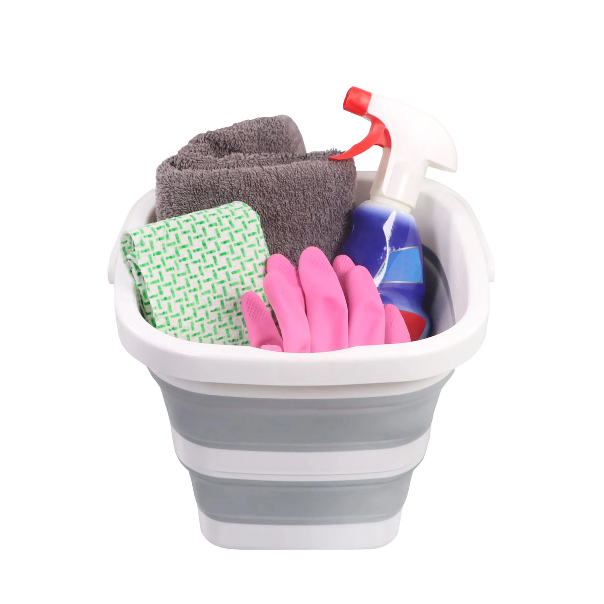 Grey and white Folding container CLEAN SILE with cleaning utensils such as cloths, gloves and a spray bottle by hjh OFFICE