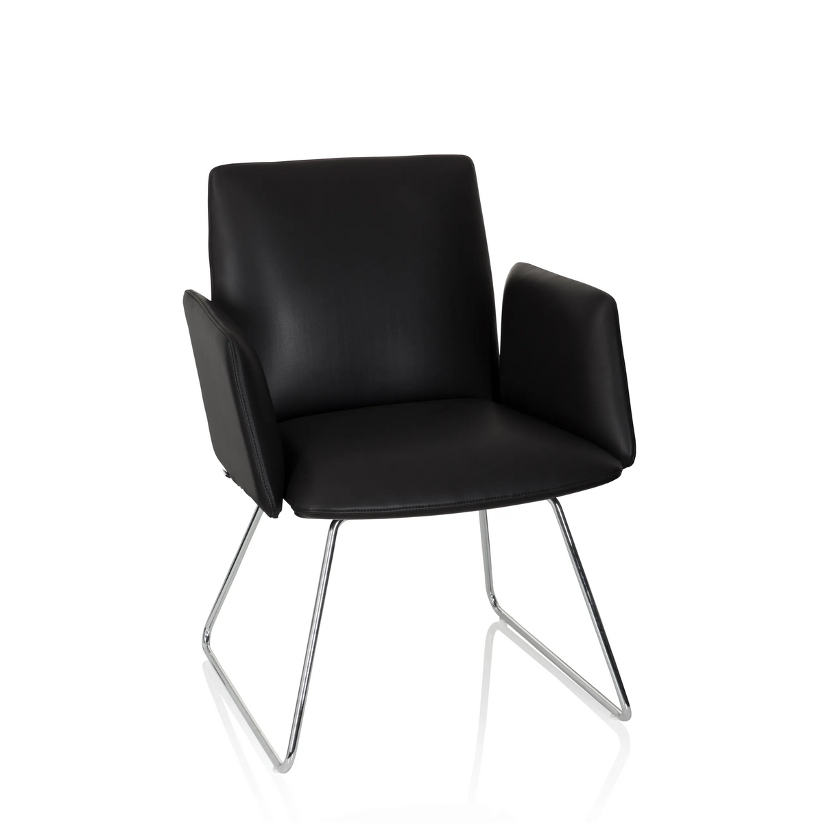 Black upholstered chair DESIGNIA V with armrests and slim metal legs by hjh OFFICE – 360-degree view (front view 20°)