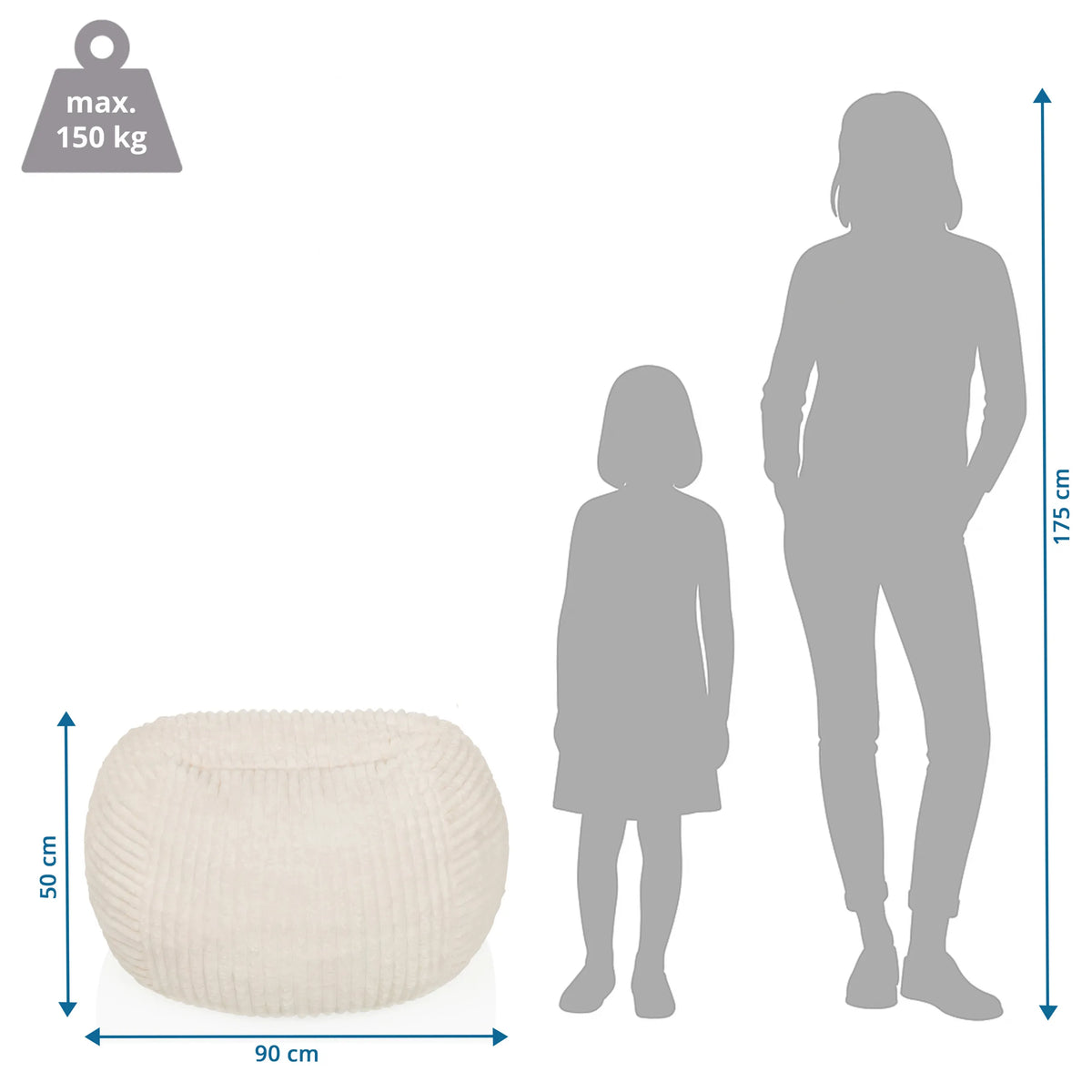 Dimensional drawing of the Sitzolo R Beanbags, 90 × 50 cm and maximum load of 150 kg by hjh LIVING