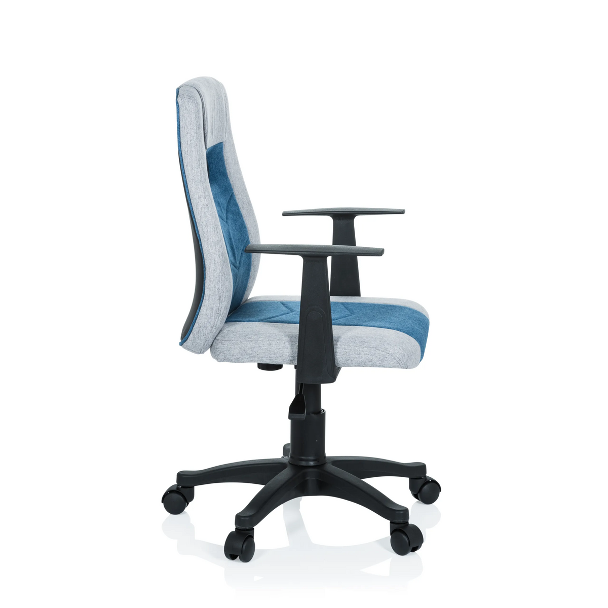 Grey-blue Swivel Chair – Children KIDDY EXTRA with armrests and five-caster base by hjh OFFICE – 360-degree view (side profile 80°)
