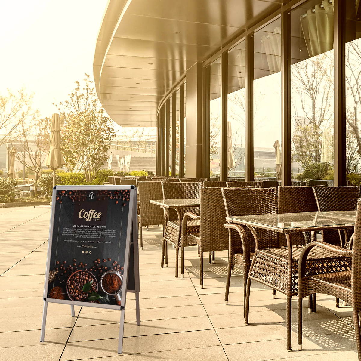 Poster stand AGENDA II as a pavement sign made of aluminium for outdoor use by hjh OFFICE