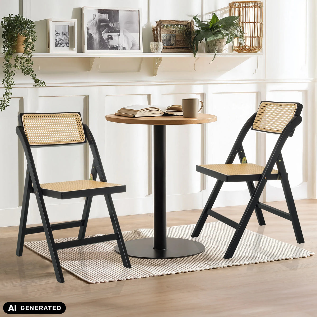Two TUDELA BAMBOO folding chairs in black and brown with Viennese straw weave by hjh LIVING (AI-generated image)