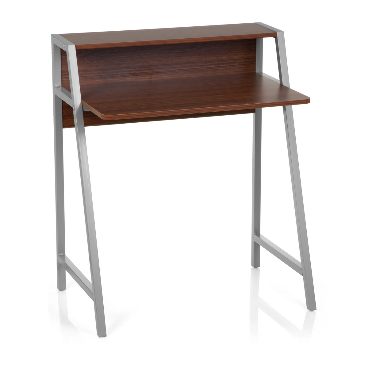 Walnut-coloured Office Desk DUMONT with silver-coloured frame and hutch by hjh OFFICE – 360-degree view (front view 20°)