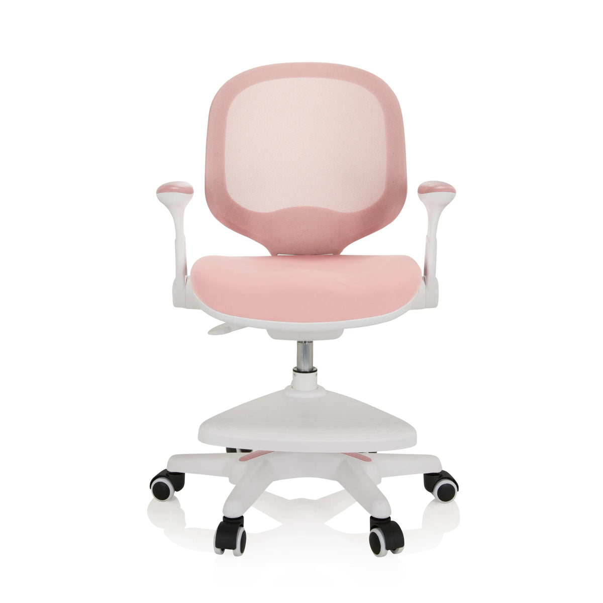 Pink children's chair KID ERGO with mesh back, armrests and white five-caster base by hjh OFFICE – 360-degree view (front view 0°)