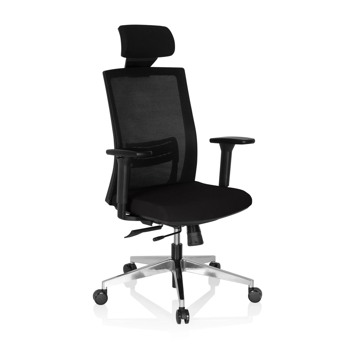 Black Professional Executive Chair CAPTIVA with mesh back, headrest and five-caster base by hjh OFFICE – 360-degree view (front three-quarter view 40°)