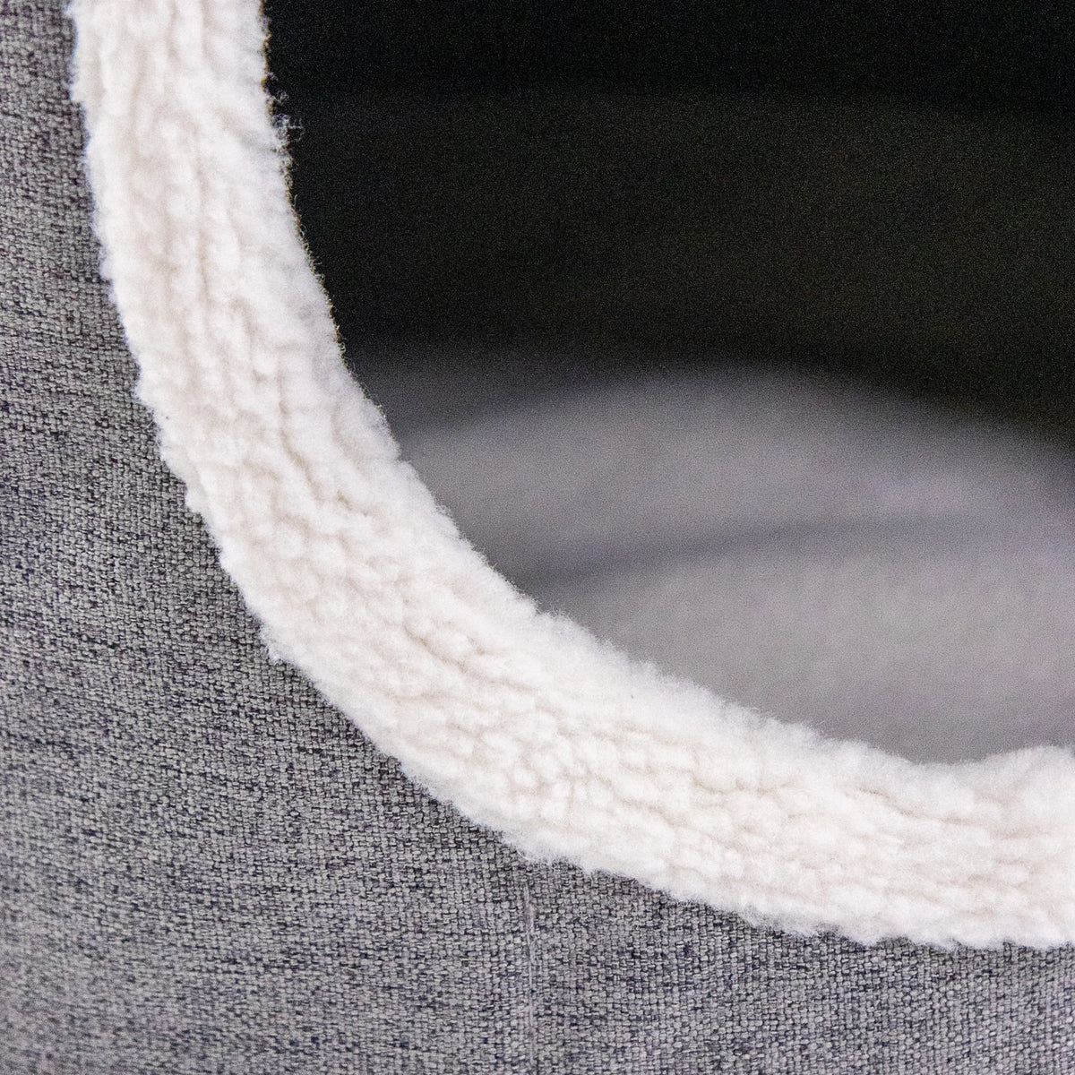 Grey fabric cover and soft white plush trim of the PAWY R cat cave by hjh LIVING