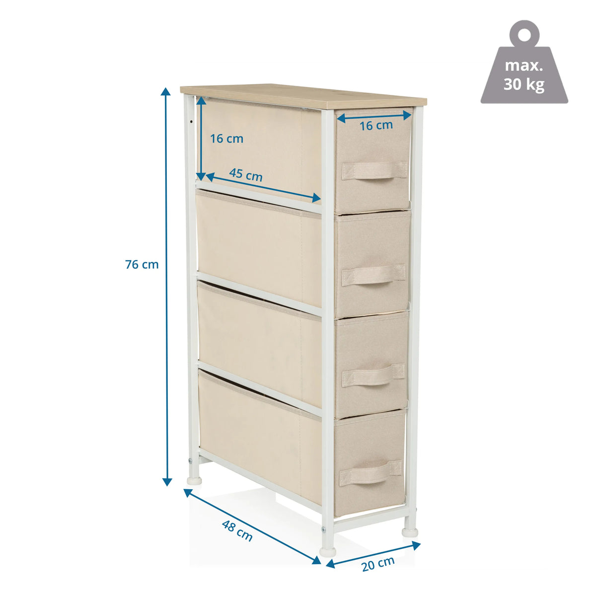 Dimensional drawing of the Chest of drawers FOLDRESS S with 76 × 48 cm and four drawers by hjh LIVING