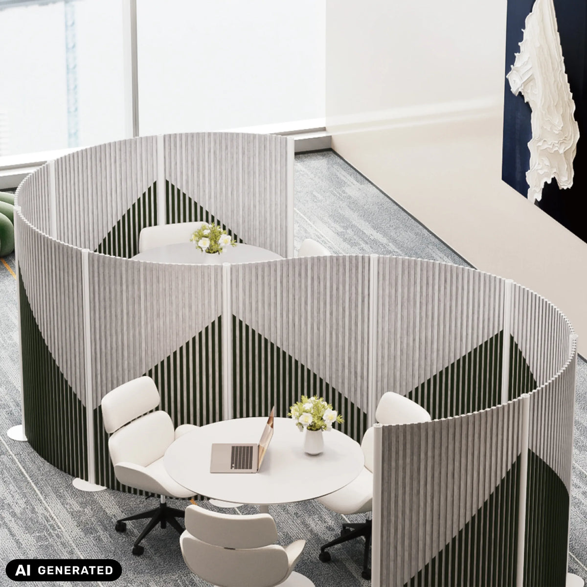 Grey Flexmiut Wave visual and acoustic partition walls with geometric pattern by hjh OFFICE (AI-generated image)