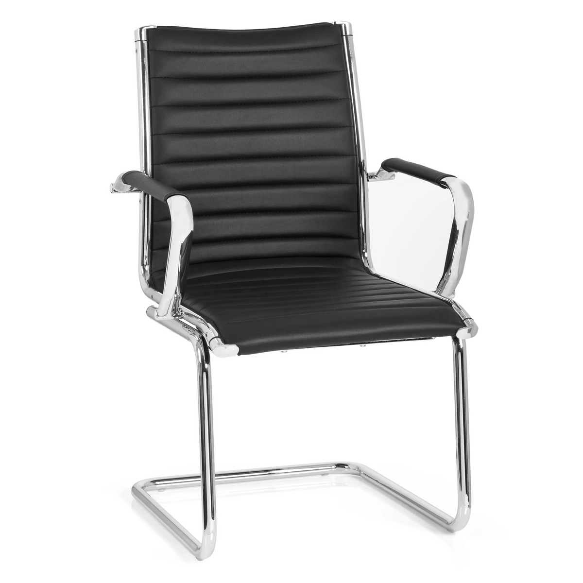 Black Cantilever chair VEMONA V with cross-stitching and chrome armrests by hjh OFFICE – 360-degree view (front view 20°)