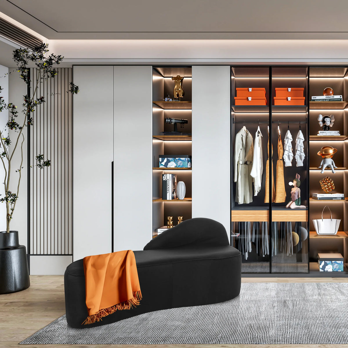 Black Lounge Sofa BARACOA with an orange blanket in front of a built-in wardrobe by hjh OFFICE