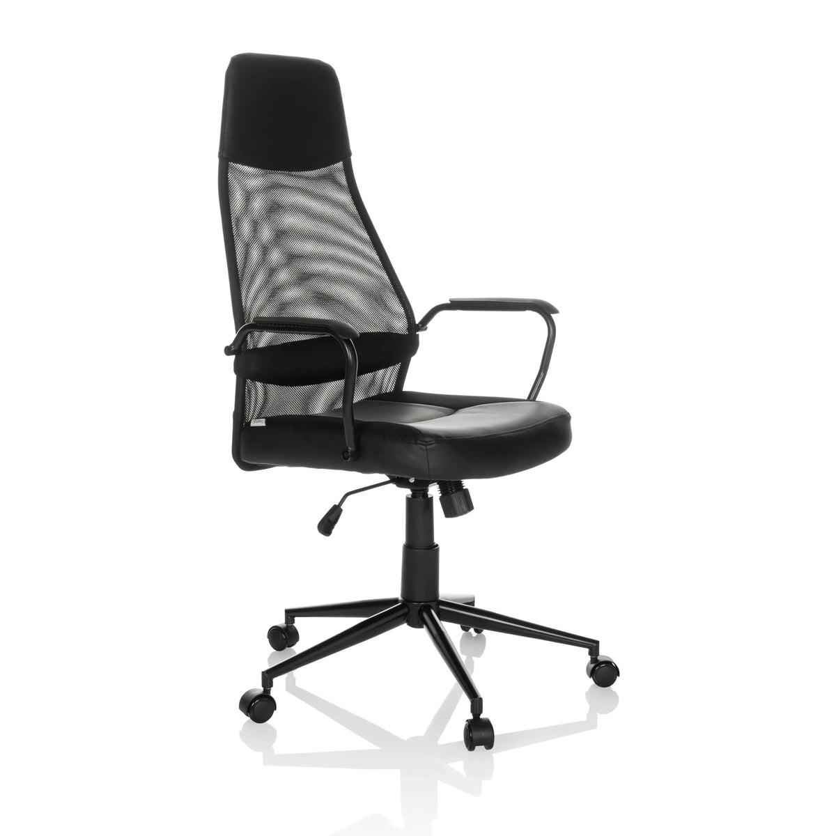 Black Home Office Executive Chair MARCOZ with mesh back and five-caster base by MyBuero – 360-degree view (front three-quarter view 45°)