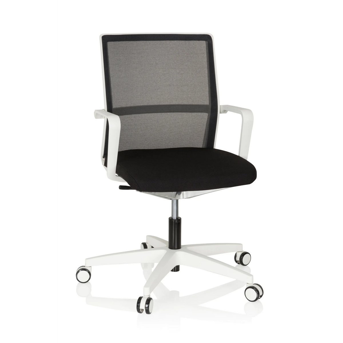 Black and white Professional Office Chair MOVE-TEC NET 3D W with mesh back and white five-caster base by hjh OFFICE – 360-degree view (front view 20°)
